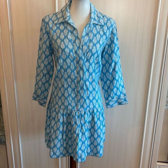 ZARA blue/white print short ruffle hem babydoll dress boho Sz M - Picture 3 of 12